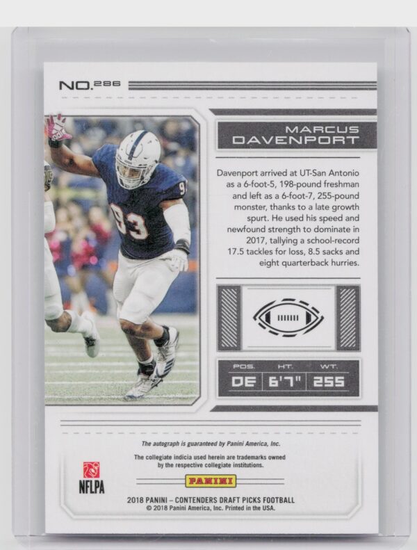 2018 Contenders Draft Picks Marcus Davenport Auto #286 - Image 3