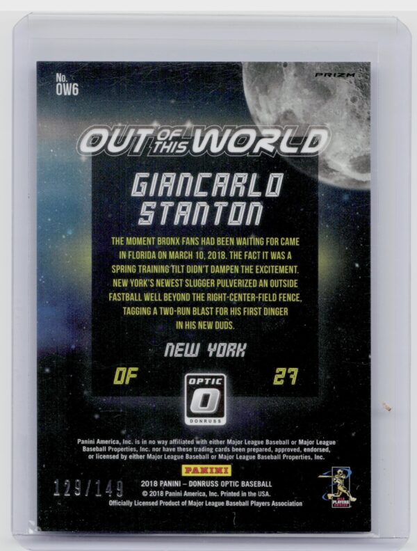 2018 Donruss Optic Giancarlo Stanton SN149 #OW6 Yankees Out of This World Blue - Image 3