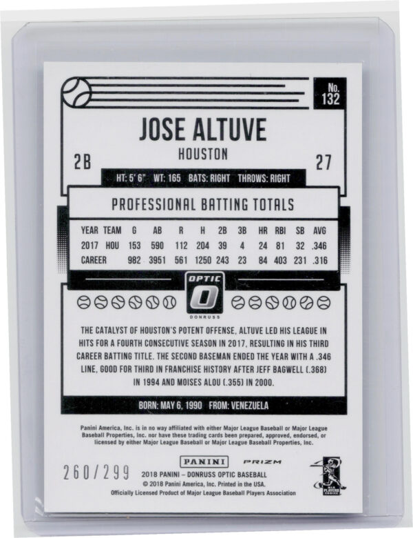 2018 Donruss Optic Jose Altuve Aqua SN299 #132 Astros - Image 3