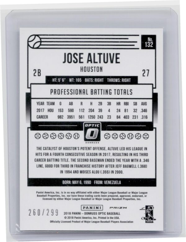 2018 Donruss Optic Jose Altuve Aqua SN299 #132 Astros - Image 3