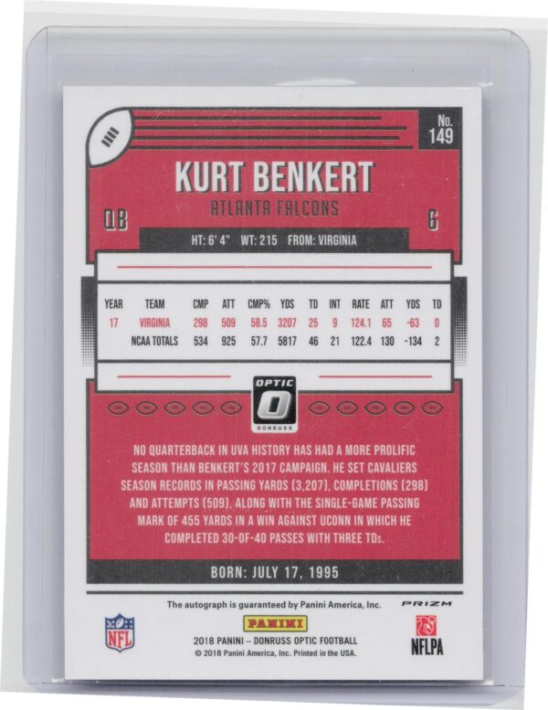2018 Donruss Optic Kurt Benkert Auto #149 Falcons Rookies Autographs Bronze - Image 3