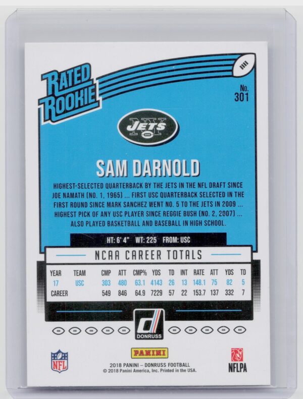 2018 Donruss Sam Darnold RC #301 Jets - Image 3