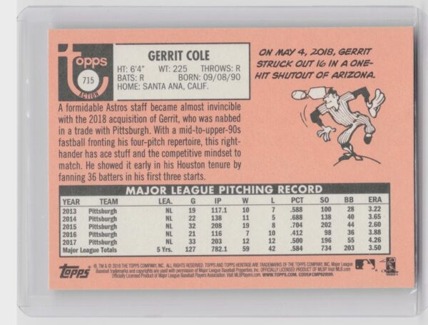 2018 Heritage Gerrit Cole SP VAR #715 Astros - Image 3