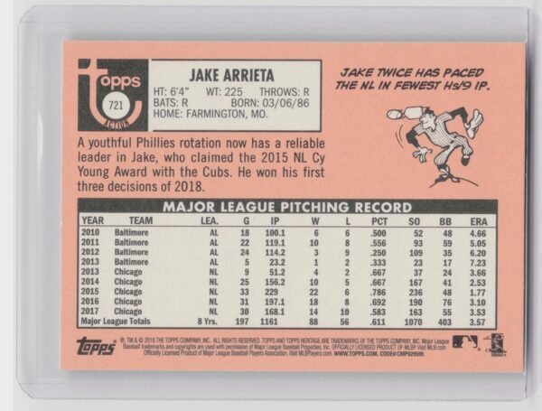 2018 Heritage Jake Arrieta SP VAR #721 Phillies - Image 3