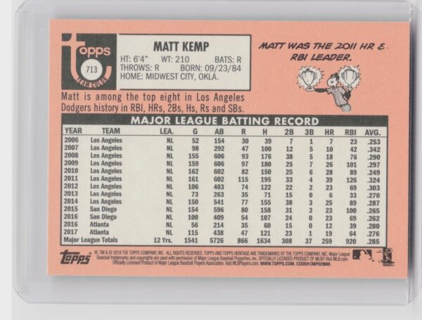 2018 Heritage Matt Kemp SP VAR #713 Dodgers - Image 3