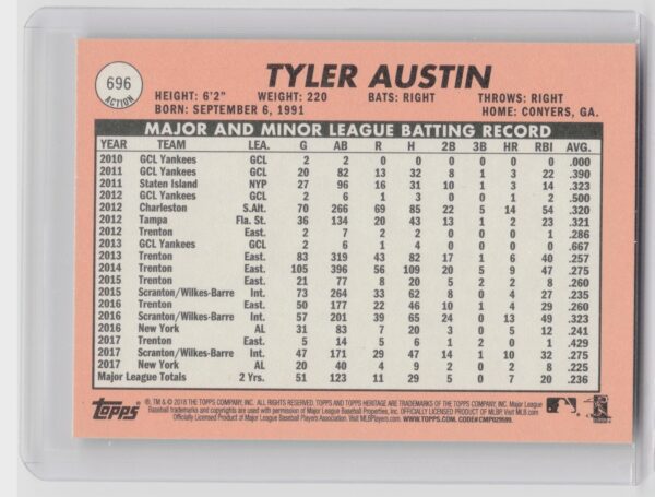 2018 Heritage Tyler Austin SP VAR #696 Yankees - Image 3