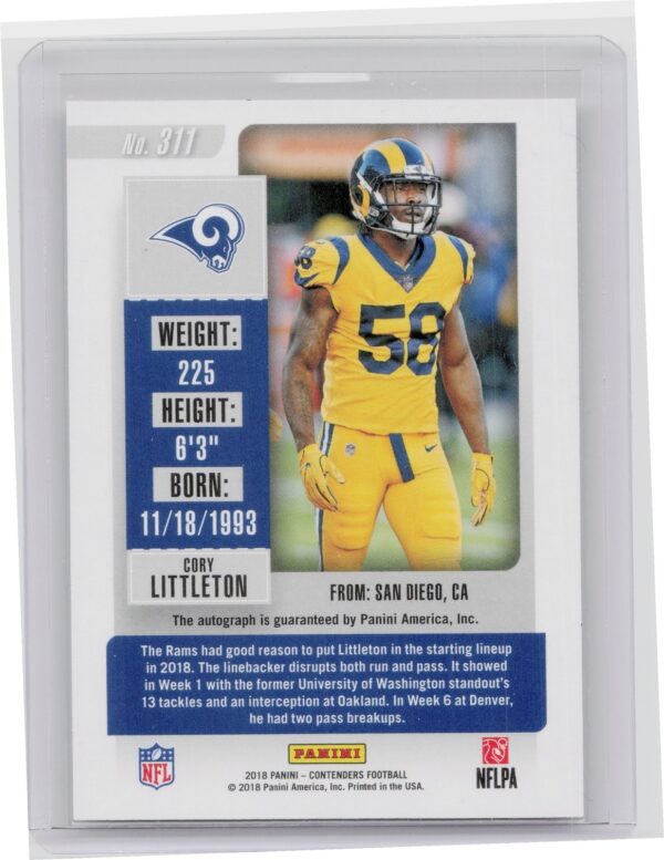 2018 Panini Contenders Cory Littleton AU RC #311 Rams - Image 3