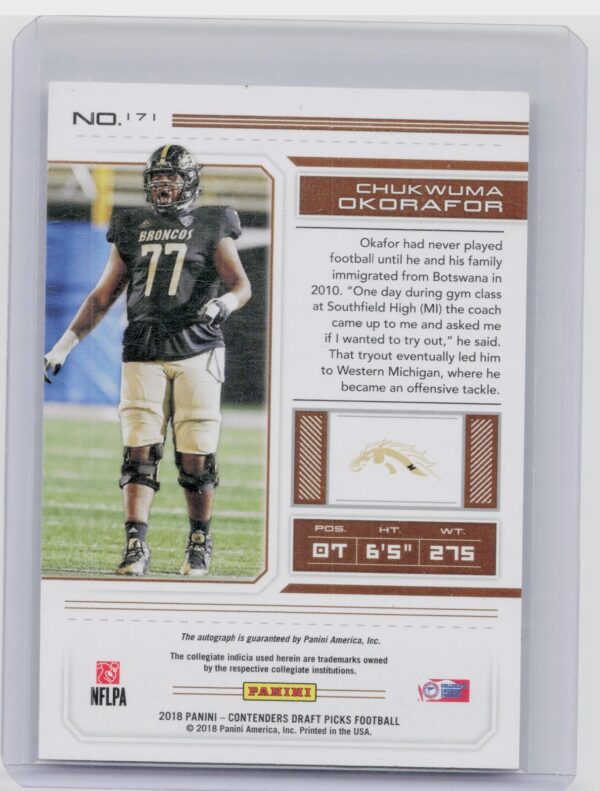 2018 Panini Contenders Draft Picks Chukwuma Okorafor AU #171 Broncos - Image 3