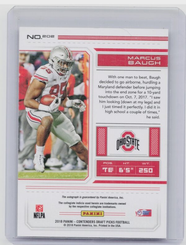 2018 Panini Contenders Draft Picks Marcus Baugh AU #202 Buckeyes - Image 3