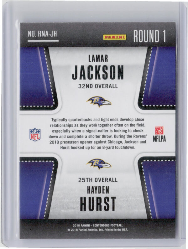 2018 Panini Contenders Lamar Jackson / Hayden Hurst #RNA-JH Ravens Round Numbers - Image 3