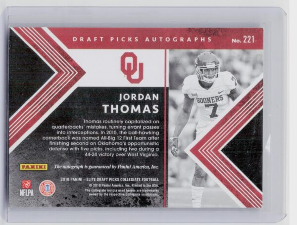 2018 Panini Elite Draft Picks Jordan Thomas AU #221 Sooners Draft Picks Autograp - Image 3