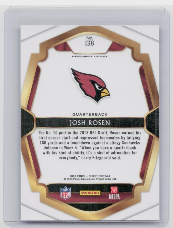 2018 Select Josh Rosen Premier Level RC #138 Cardinals - Image 3