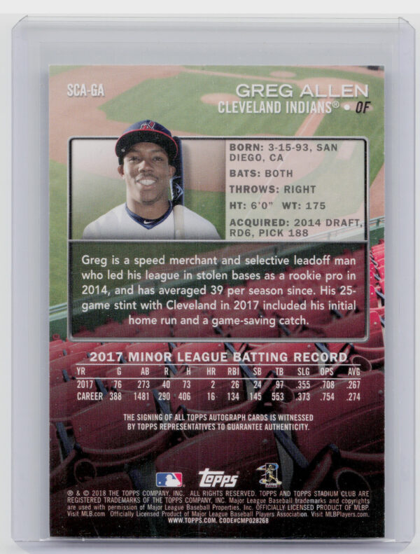 2018 Stadium Club Greg Allen AU #SCA-GA Indians Autographs - Image 3