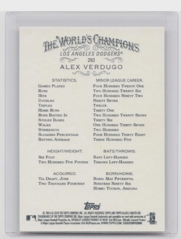 2018 Topps Allen & Ginter Alex Verdugo Silver Glossy #293 Dodgers - Image 3