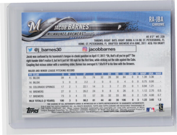 2018 Topps Chrome Jacob Barnes AU #RA-JBA Brewers Rookie Autographs - Image 3