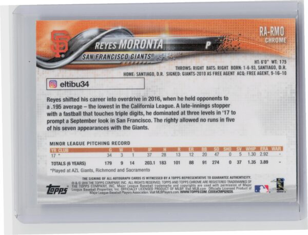 2018 Topps Chrome Reyes Moronta AU #RA-RMO Giants Rookie Autographs - Image 3