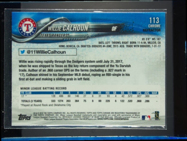 2018 Topps Chrome Willie Calhoun Pink Refractor #113 Rangers - Image 3
