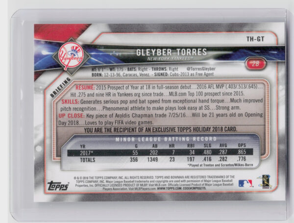 2018 Topps Holiday Bowman Gleyber Torres RC #TH-GT Yankees - Image 3