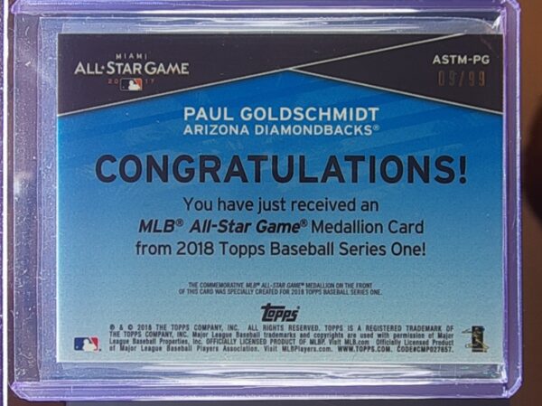 2018 Topps Paul Goldschmidt SN99 #ASTM-PG Diamondbacks MLB All Star Game Manufac - Image 3