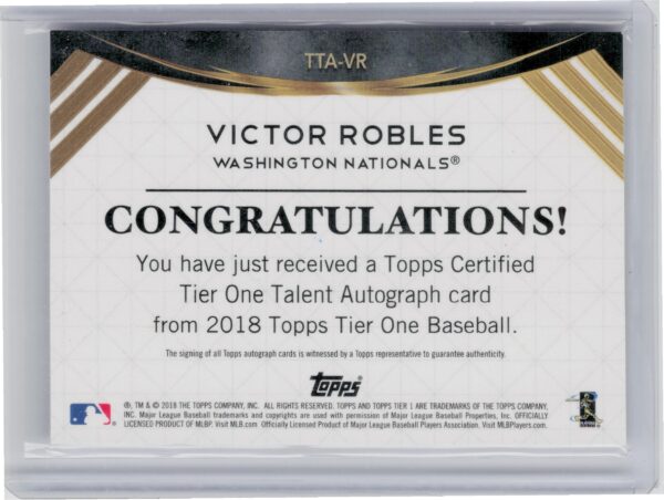 2018 Topps Tier One Victor Robles AU SN295 #TTA-VR Nationals Tier One Talent Aut - Image 3