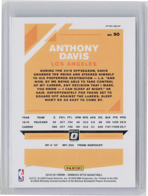 2019-20 Donruss Optic Anthony Davis Holo #90 Lakers - Image 3