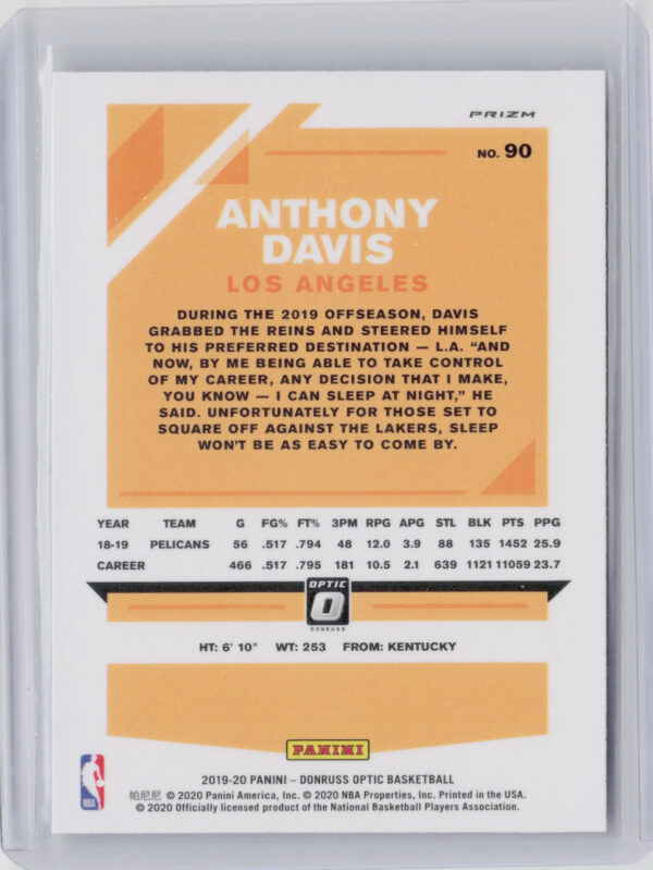 2019-20 Donruss Optic Anthony Davis Holo #90 Lakers - Image 3