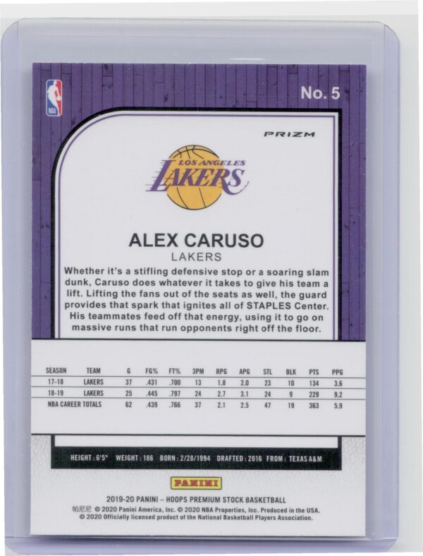 2019-20 Hoops Premium Stock Alex Caruso Prizms Silver Mojo #5 Lakers - Image 3