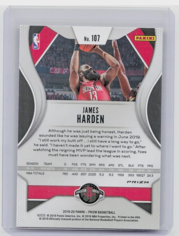 2019-20 Panini Prizm James Harden Prizms Orange Ice #107 Rockets - Image 3