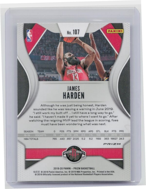 2019-20 Panini Prizm James Harden Prizms Silver #107 Rockets - Image 3