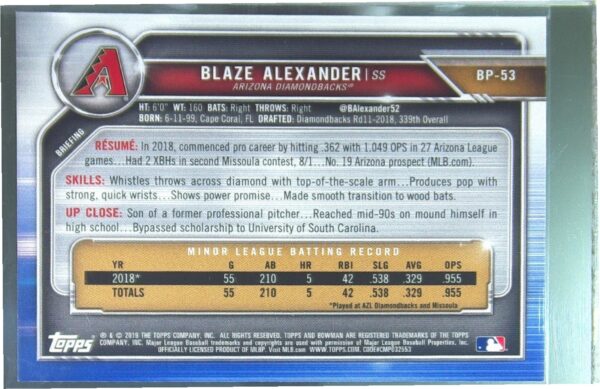 2019 Bowman Blaze Alexander #BP-53 Diamondbacks Prospects - Image 3