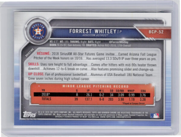 2019 Bowman Forrest Whitley SN99 #BCP-52 Astros Chrome Prospects Mojo Refractors - Image 3