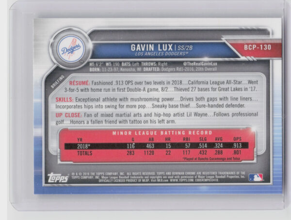 2019 Bowman Gavin Lux #BCP-130 Dodgers Chrome Prospects Mojo Refractors - Image 3