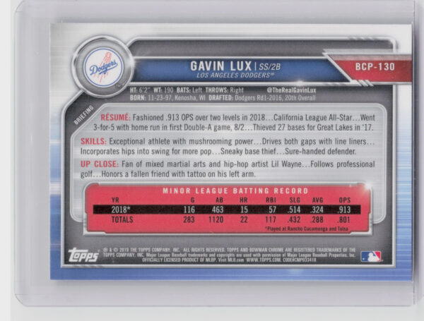2019 Bowman Gavin Lux #BCP-130 Dodgers Chrome Prospects Mojo Refractors - Image 3