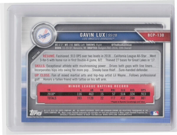 2019 Bowman Gavin Lux #BCP-130 Dodgers Chrome Prospects Mojo Refractors - Image 3