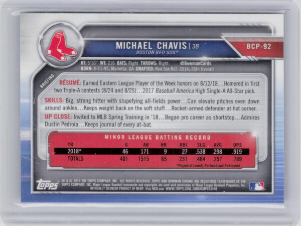 2019 Bowman Michael Chavis SN250 #BCP-92 Sox Chrome Prospects Mojo Refractors Pu - Image 3