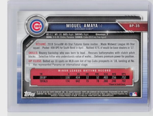 2019 Bowman Miguel Amaya #BP-35 Cubs Prospects Camo - Image 3