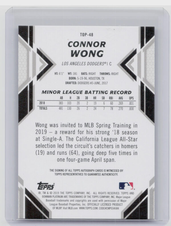 2019 Bowman Platinum Connor Wong AU #TOP-48 Dodgers Top Prospects Autographs - Image 3