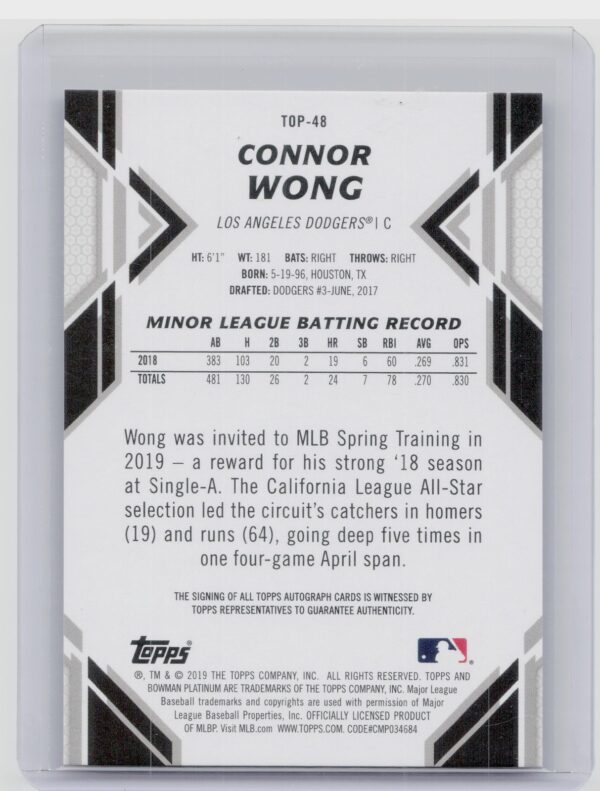 2019 Bowman Platinum Connor Wong AU #TOP-48 Dodgers Top Prospects Autographs - Image 3