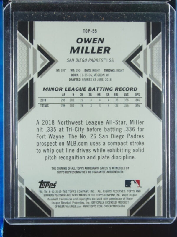2019 Bowman Platinum Owen Miller AU SN25 #TOP-55 Padres Top Prospects Autographs - Image 3