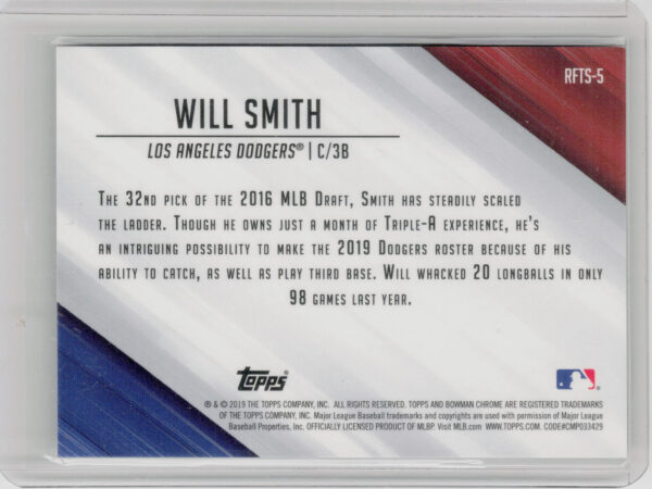 2019 Bowman Will Smith SN99 #RFTS-5 Dodgers Ready for the Show Green Refractor - Image 3