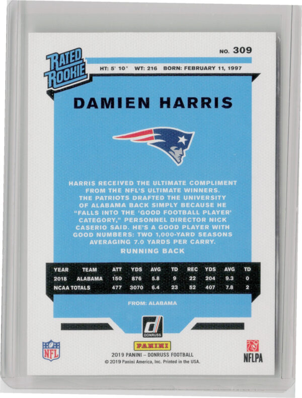 2019 Donruss Damien Harris #309 Patriots Rated Rookies Canvas - Image 3