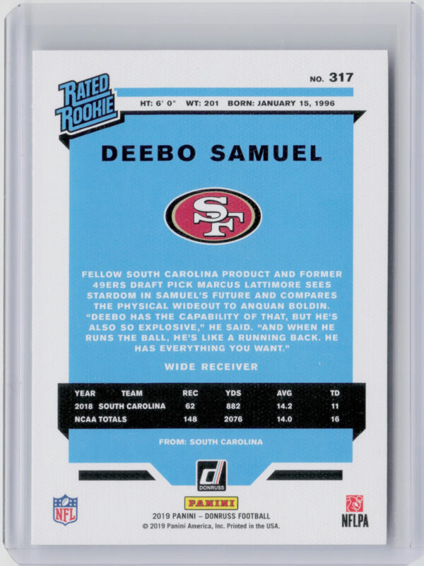 2019 Donruss Deebo Samuel #317 49ers Rated Rookies Canvas - Image 3