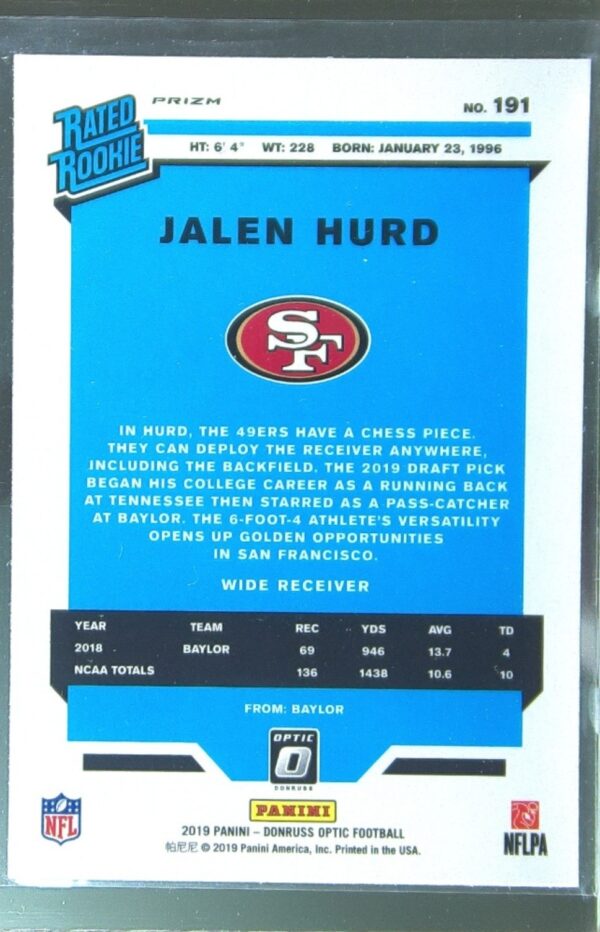 2019 Donruss Optic Jalen Hurd Green Velocity RC #191 49ers - Image 3