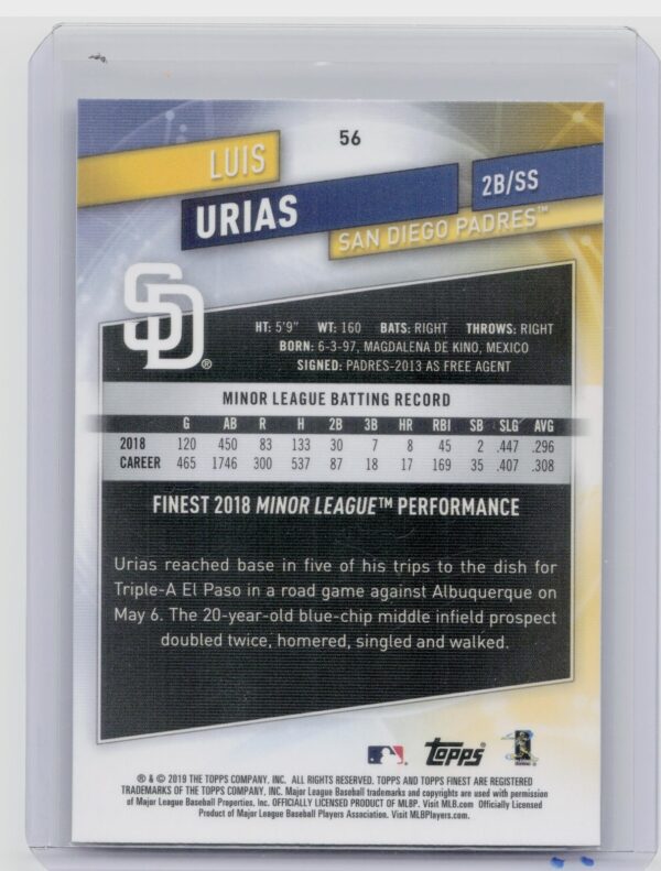 2019 Finest Luis Urias RC #56 Padres - Image 3