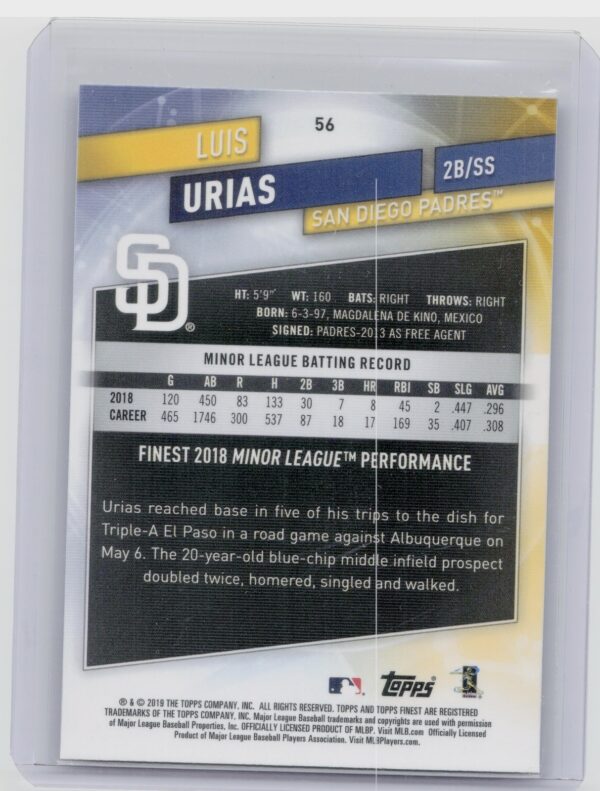2019 Finest Luis Urias RC #56 Padres - Image 3