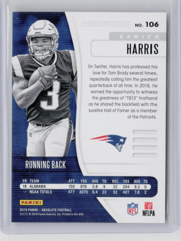 2019 Panini Absolute Damien Harris Spectrum Orange SN75 #106 Patriots - Image 3