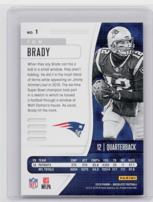 2019 Panini Absolute Tom Brady #1 Patriots - Image 3