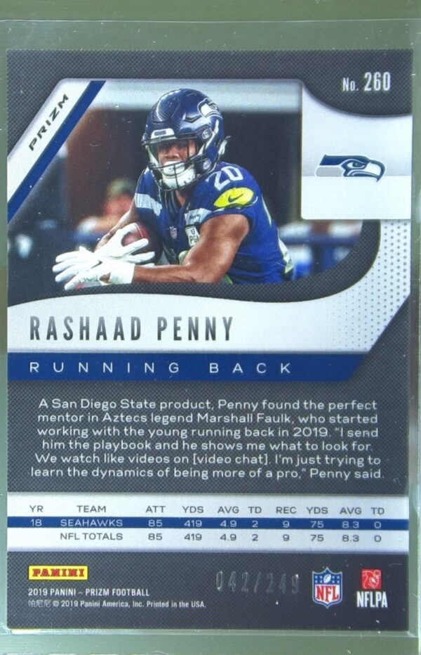 2019 Prizm Rashaad Penny Orange /249 #260 Seahawks - Image 3