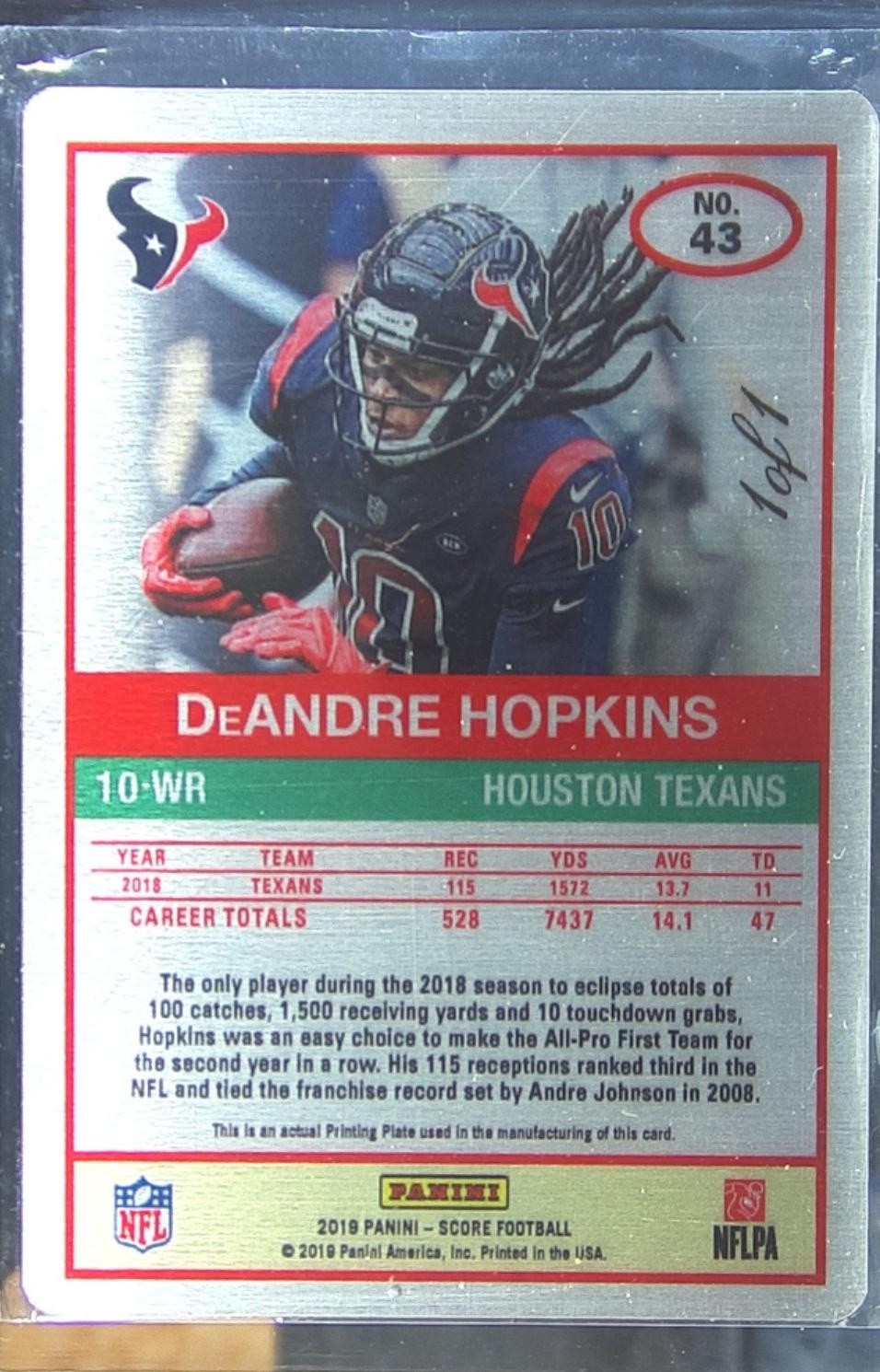 2019 Score DeAndre Hopkins Printing Plates Black 1/1 #43 Texans - Image 3
