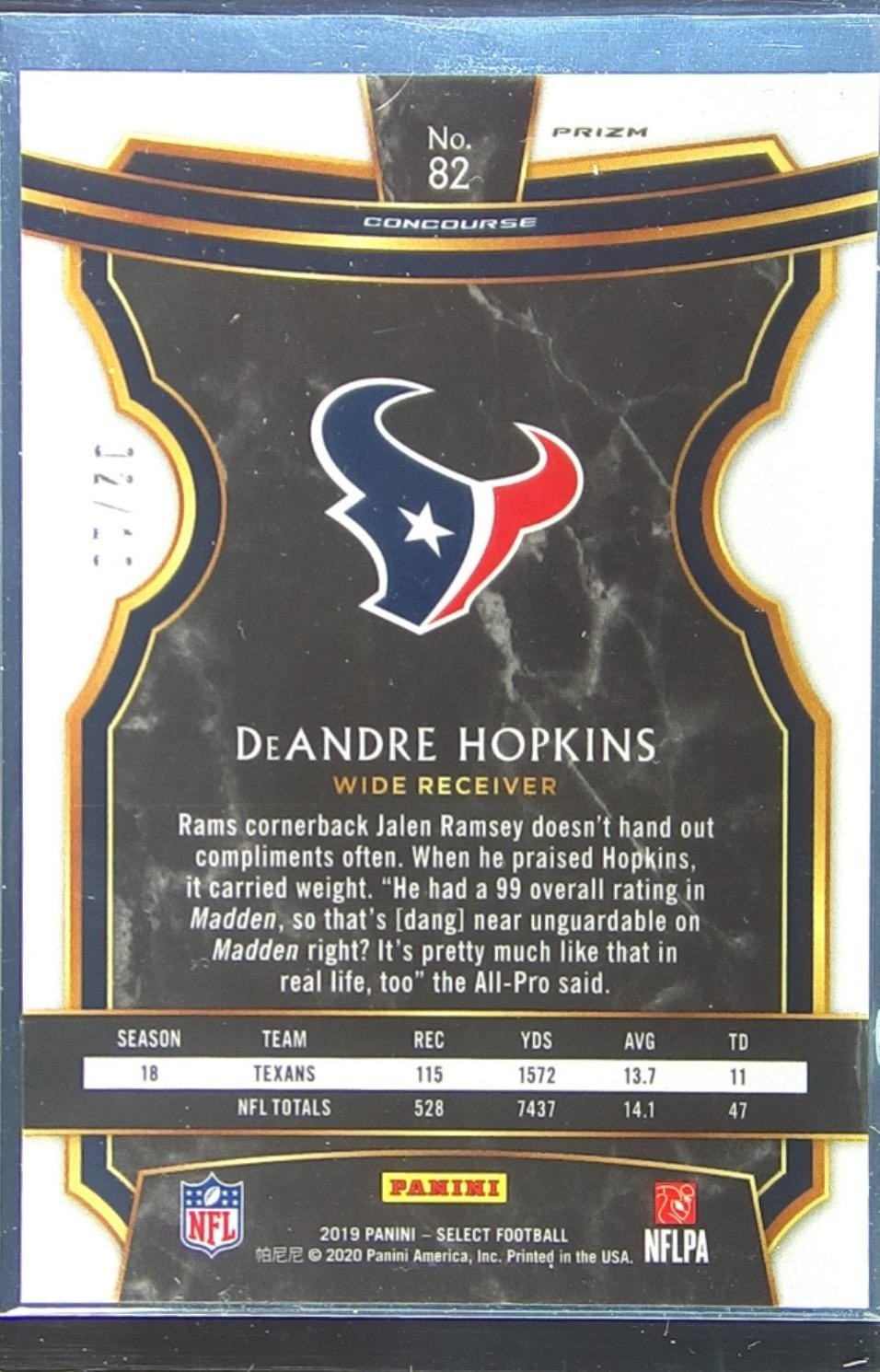 2019 Select DeAndre Hopkins Gold Prizm /10 #82 Texans - Image 3